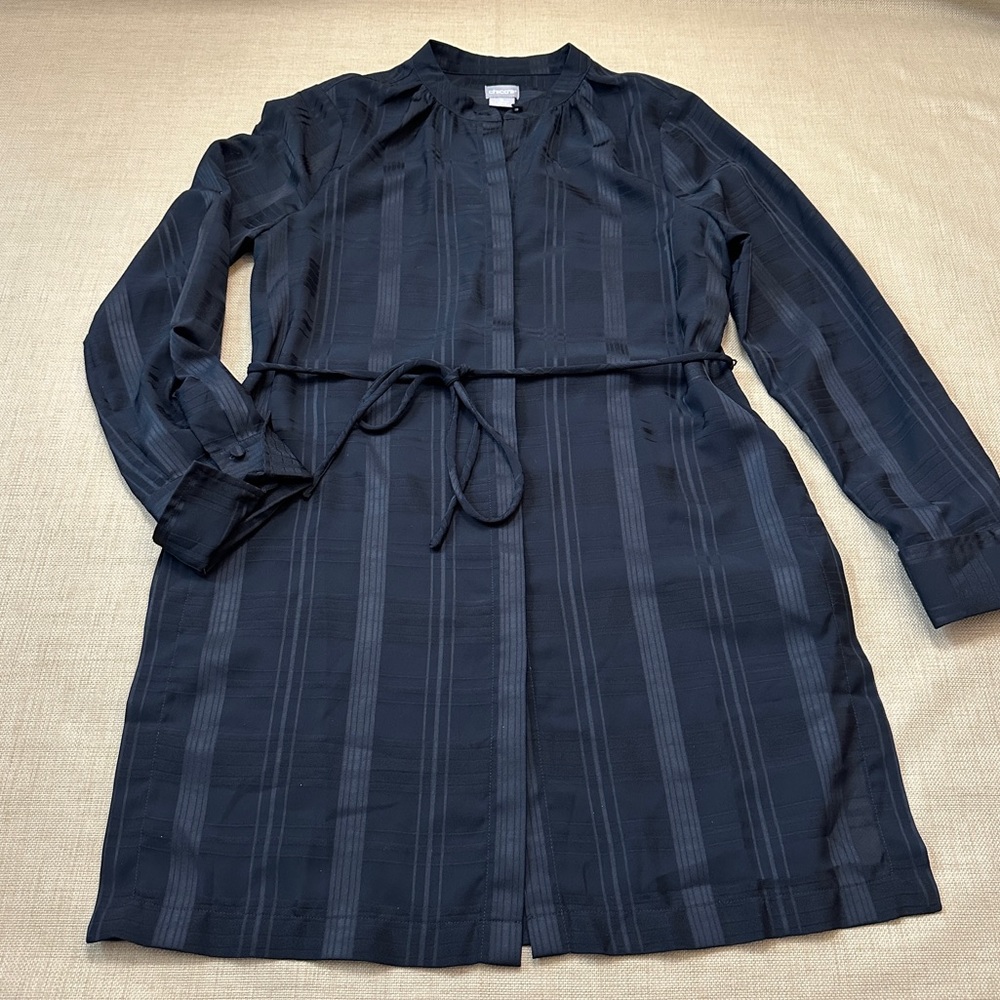 Chico's Black Sheer Plaid Jacquard Belted Button Down Tunic Layering Piece